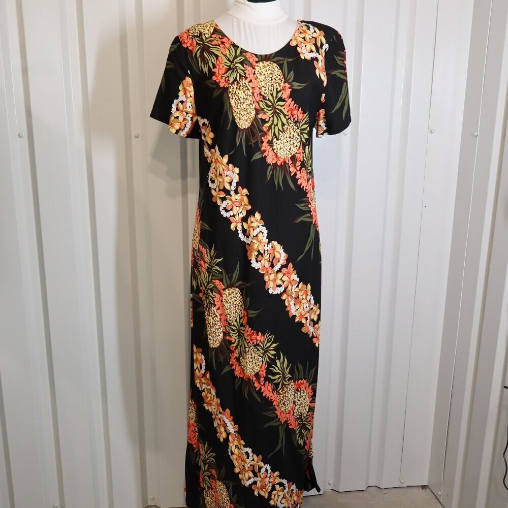 Hilo Hattie Women's Pineapple Panel Short Sleeve Long Black Dress Sz Large Black